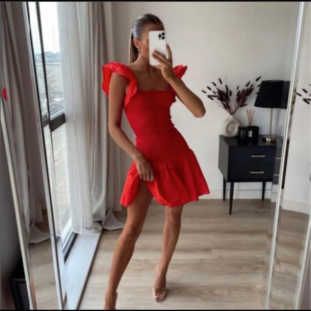 Zara red smocked ruffle sleeve mini dress